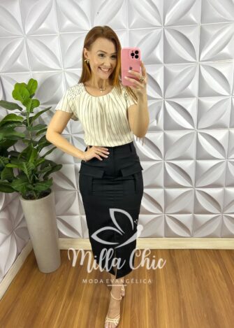 Blusa Cambraia De Linho Com Trançado no Ombro Listrada Caline - Verde Com Areia - Milla Chic