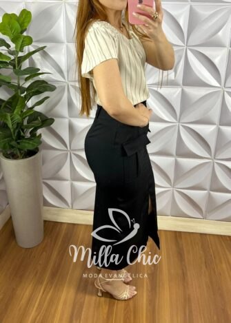 Blusa Cambraia De Linho Com Trançado no Ombro Listrada Caline - Verde Com Areia - Milla Chic