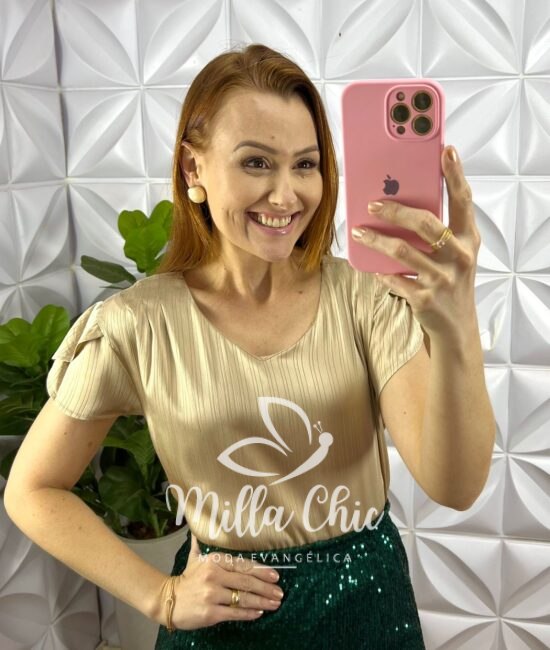 Blusa Cetim Com Drapeados No Ombro Debora - Capuchino - Milla Chic