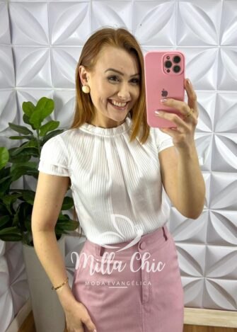 Blusa Cetim Manga Copinho Gola Alta Drapeada Debora - Branco - Milla Chic