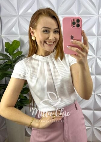 Blusa Cetim Manga Copinho Gola Alta Drapeada Debora - Branco - Milla Chic