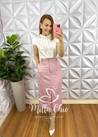 Blusa Cetim Manga Copinho Gola Alta Drapeada Debora - Branco - Milla Chic