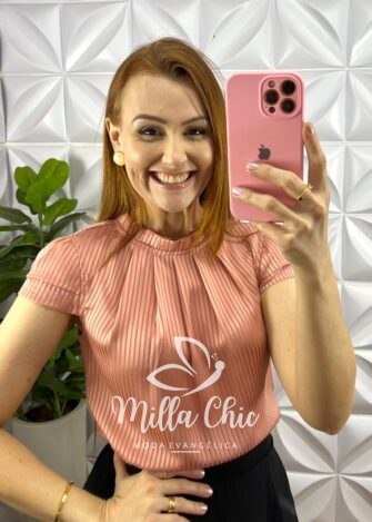 Blusa Cetim Manga Copinho Gola Alta Drapeada Debora - Rose Gold - Milla Chic
