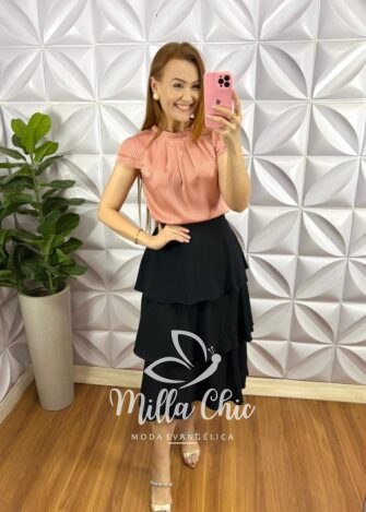 Blusa Cetim Manga Copinho Gola Alta Drapeada Debora - Rose Gold - Milla Chic