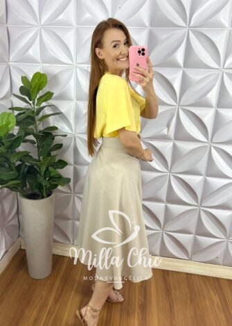 Blusa Chiffon Encorpado Com Drapeados Na Gola Malu - Manteiga - Milla Chic