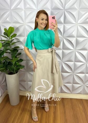 Blusa Chiffon Encorpado Com Drapeados Na Gola Malu - Verde - Milla Chic