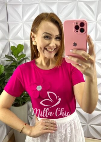 Blusa Com Aplicação de Flor No Viscolycra Florença - Pink - Milla Chic
