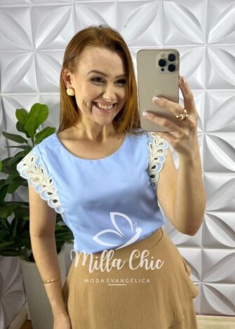 Blusa Crepe Acetinado Manga Muscle Com Bordado Amélia - Azul - Milla Chic
