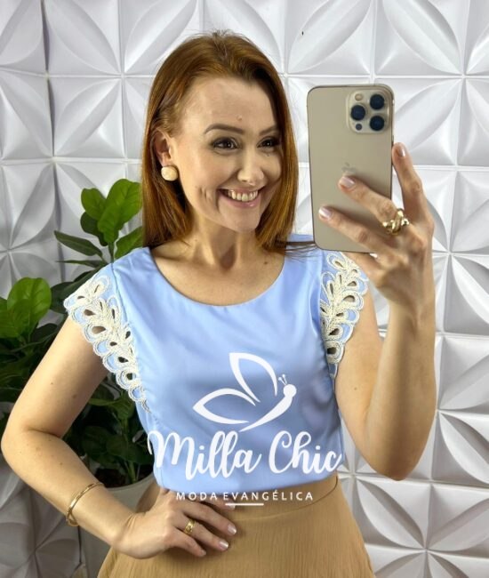 Blusa Crepe Acetinado Manga Muscle Com Bordado Amélia - Azul - Milla Chic