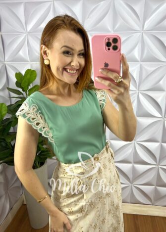 Blusa Crepe Acetinado Manga Muscle Com Bordado Amélia - Verde - Milla Chic