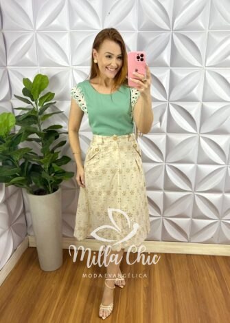 Blusa Crepe Acetinado Manga Muscle Com Bordado Amélia - Verde - Milla Chic