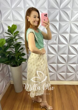 Blusa Crepe Acetinado Manga Muscle Com Bordado Amélia - Verde - Milla Chic