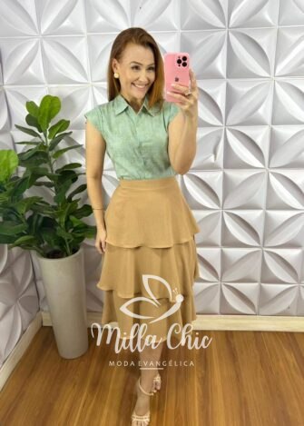 Blusa Crepe Acetinado Manga Muscle Com Bordado Amélia - Verde - Milla Chic