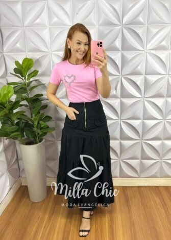 Blusa Malha De Algodão Com Coração De Strass Love - Rosa - Milla Chic
