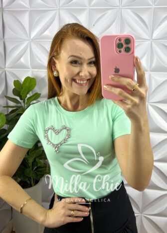 Blusa Malha De Algodão Com Coração De Strass Love - Verde Agua - Milla Chic