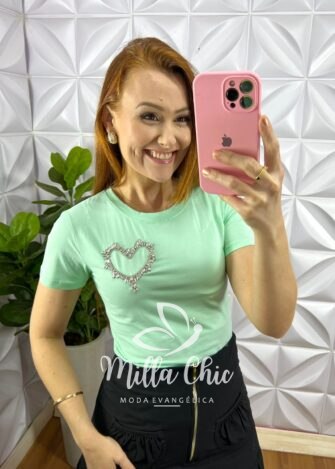 Blusa Malha De Algodão Com Coração De Strass Love - Verde Agua - Milla Chic