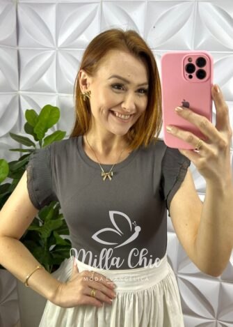 Blusa Malha De Algodão Manga De Chiffon Evelyn - Cinza - Milla Chic