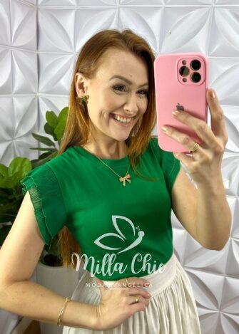 Blusa Malha De Algodão Manga De Chiffon Evelyn - Verde - Milla Chic