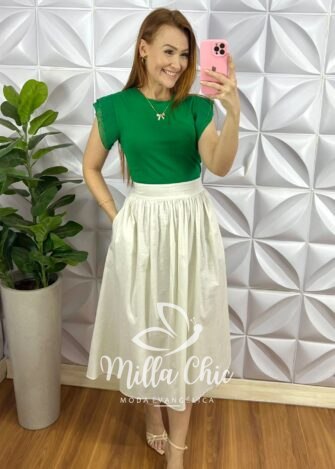 Blusa Malha De Algodão Manga De Chiffon Evelyn - Verde - Milla Chic