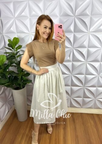 Blusa Malha De Algodão Manga De Chiffon Evelyn - Nude - Milla Chic