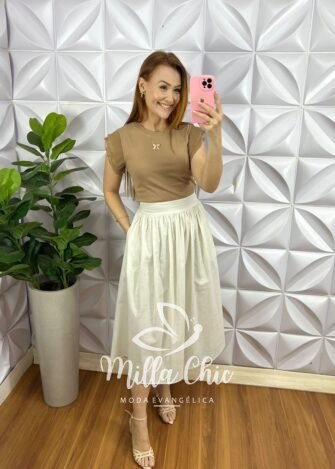 Blusa Malha De Algodão Manga De Chiffon Evelyn - Nude - Milla Chic