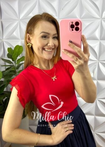 Blusa Malha De Algodão Manga De Chiffon Evelyn - Vermelha - Milla Chic