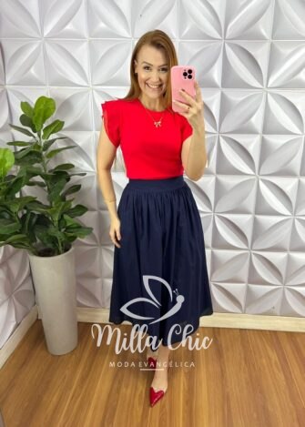 Blusa Malha De Algodão Manga De Chiffon Evelyn - Vermelha - Milla Chic