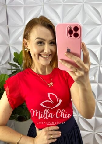 Blusa Malha De Algodão Manga De Chiffon Evelyn - Vermelha - Milla Chic