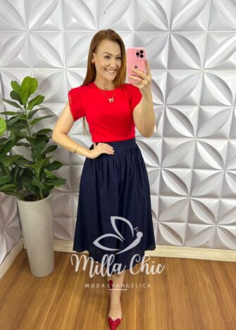 Blusa Malha De Algodão Manga De Chiffon Evelyn - Vermelha - Milla Chic