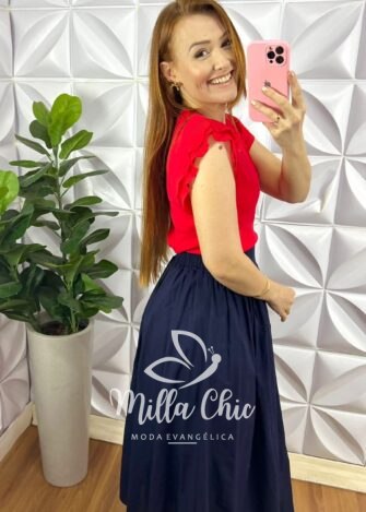 Blusa Malha De Algodão Manga De Chiffon Evelyn - Vermelha - Milla Chic