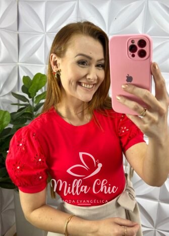 Blusa Malha De Algodão Manga De Lesie Aurea - Vermelha - Milla Chic