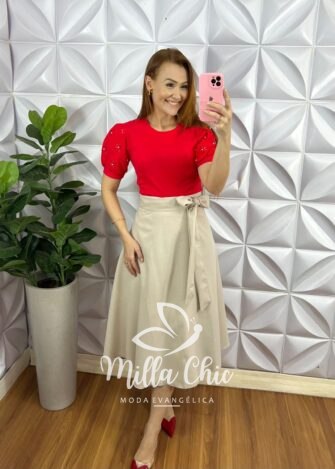 Blusa Malha De Algodão Manga De Lesie Aurea - Vermelha - Milla Chic