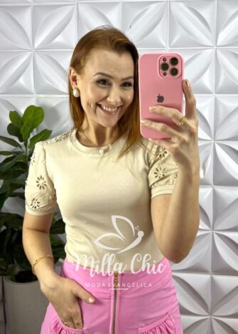 Blusa Malha De Algodão Manga De Lesie Aurea - Areia - Milla Chic