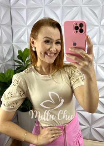 Blusa Malha De Algodão Manga De Lesie Aurea - Areia - Milla Chic