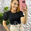 Blusa Malha De Algodão Manga De Lesie Aurea - Preto - Milla Chic
