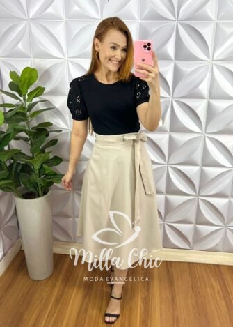 Blusa Malha De Algodão Manga De Lesie Aurea - Preto - Milla Chic