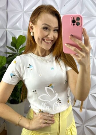 Blusa Tricot Modal Com Bordados Flora - Branco - Milla Chic