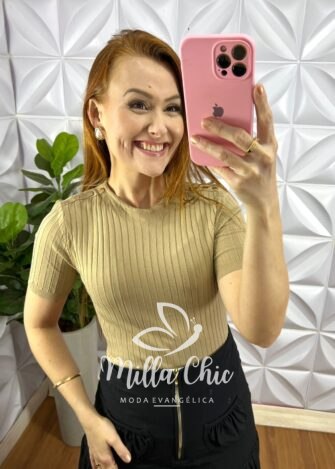 Blusa Tricot Modal Com Botoes Dourados No Ombro Marcele - Caqui - Milla Chic