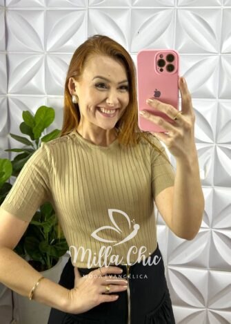 Blusa Tricot Modal Com Botoes Dourados No Ombro Marcele - Caqui - Milla Chic