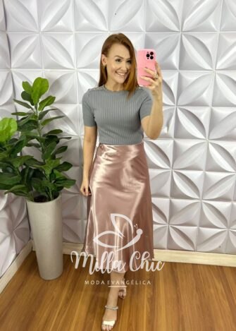 Blusa Tricot Modal Com Botoes Dourados No Ombro Marcele - Cinza - Milla Chic