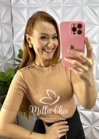 Blusa Tricot Modal Com Botoes Dourados No Ombro Marcele - Nude - Milla Chic