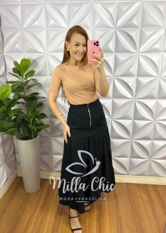 Blusa Tricot Modal Com Botoes Dourados No Ombro Marcele - Nude - Milla Chic