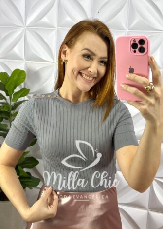 Blusa Tricot Modal Com Botoes Dourados No Ombro Marcele - Cinza - Milla Chic