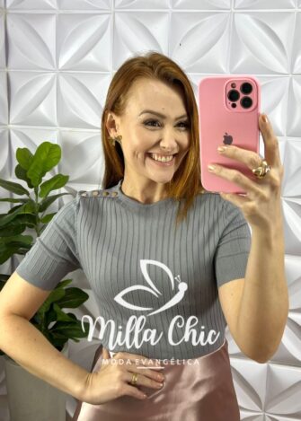 Blusa Tricot Modal Com Botoes Dourados No Ombro Marcele - Cinza - Milla Chic