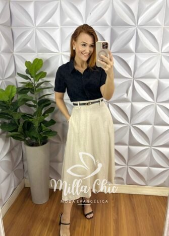 Camisa Cambraia De Linho Bordada Cropped Cassia - Preta - Milla Chic