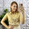 Camisa Cambraia De Linho Bordada Cropped Cassia - Preta - Milla Chic