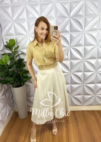 Camisa Cambraia De Linho Bordada Cropped Cassia - Preta - Milla Chic