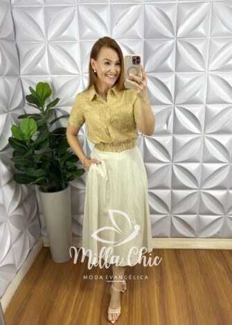 Camisa Cambraia De Linho Bordada Cropped Cassia - Preta - Milla Chic