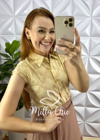 Camisa Cambraia de Linho Bordada Manga Muscle Mariane - Manteiga - Milla Chic
