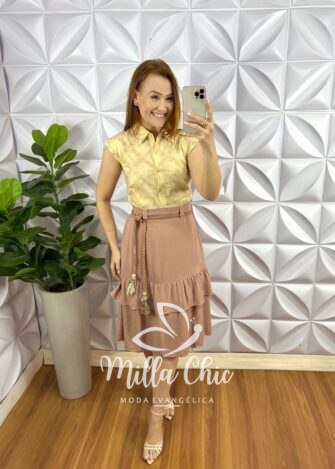 Camisa Cambraia de Linho Bordada Manga Muscle Mariane - Manteiga - Milla Chic
